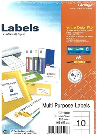 Multi Purpose Labels Sticker A4 Size 10 lables Sheet, 100 Sheets, Formtec
