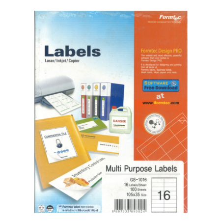Formtec Multi-Purpose Labels A4 Size 16 Lebels | GS-1016 | 100 Sheets | White Printable Adhesive Labels