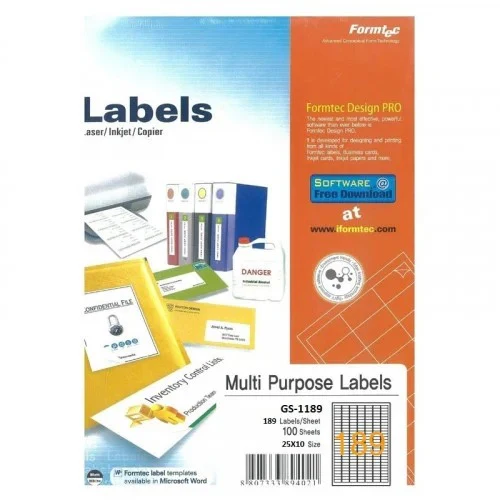 Formtec Multi-Purpose Labels A4 Size 189 Lebels | GS-1189| 100 Sheets | White Printable Adhesive Labels