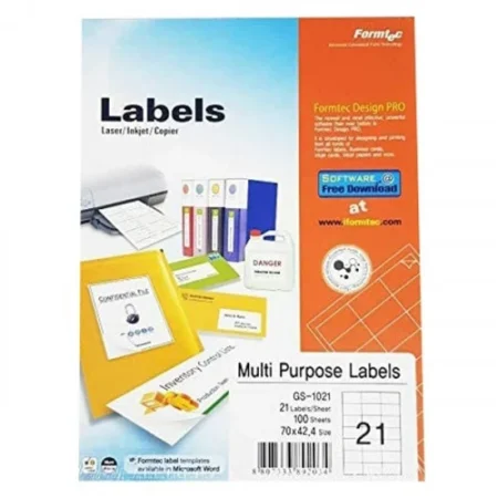 Formtec Multi-Purpose Labels A4 Size 21 Lebels | GS-1021 | 100 Sheets | White Printable Adhesive Labels