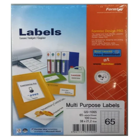 Formtec Multi-Purpose Labels A4 Size 65 Lebels | GS-1065| 100 Sheets | White Printable Adhesive Labels