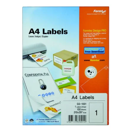Formtec Multi-Purpose Labels A4 Size 1 Lebels | GS-1001 | 100 Sheets | White Printable Adhesive Labels