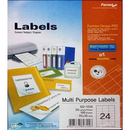 Formtec Multi-Purpose Labels A4 Size 24 Labels GS-1224 100 Sheets