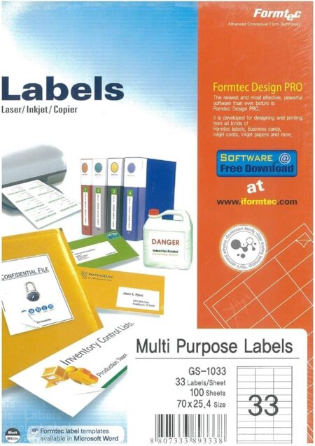 Formtec Multi-Purpose Labels A4 Size 33 Labels GS-1033 100 Sheets